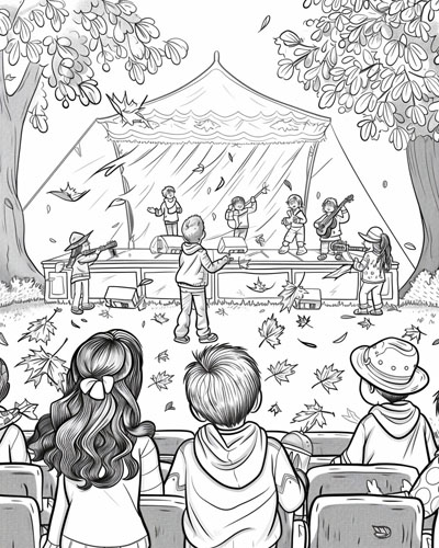 coloring page of an outdoor concert in fall