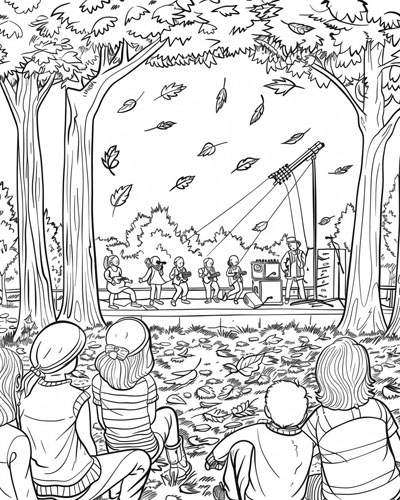 coloring page of an outdoor concert in fall