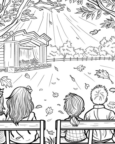 coloring page of an outdoor concert in fall