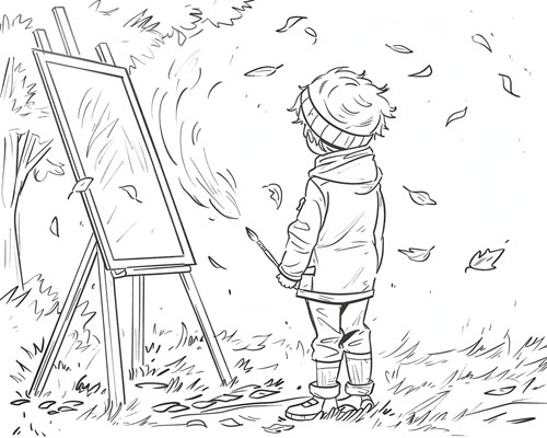 coloring page of a child painting on an easel in the autumn