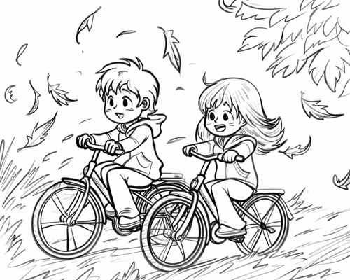 coloring page of a child on their bike in the autumn