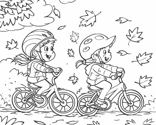 coloring page of a child on their bike in the autumn