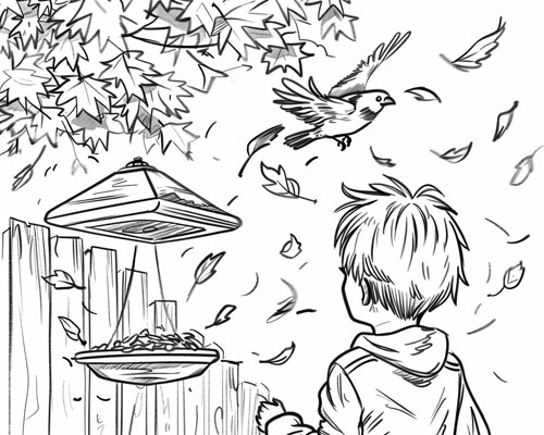 coloring page of a child filling the bird feeder in the autumn