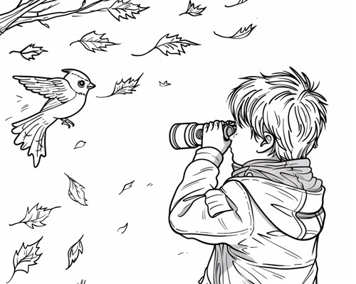 coloring page of a child bird watching in the autumn