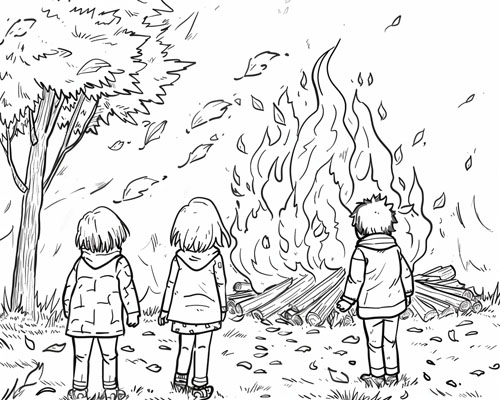 coloring page of children around the bonfire in the autumn