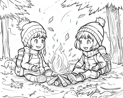 coloring page of children around the campfire in the autumn