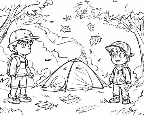 coloring page of children camping in the autumn