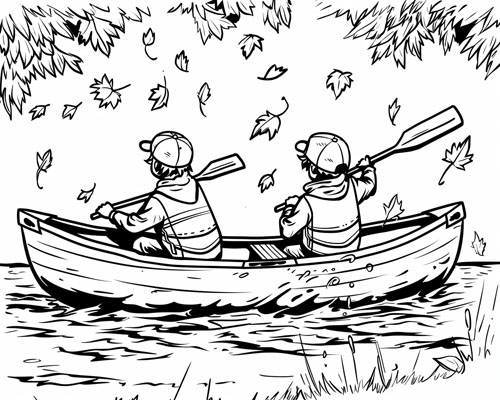 coloring page of children canoeing in the autumn