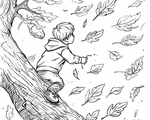 coloring page of a child climbing trees in the autumn