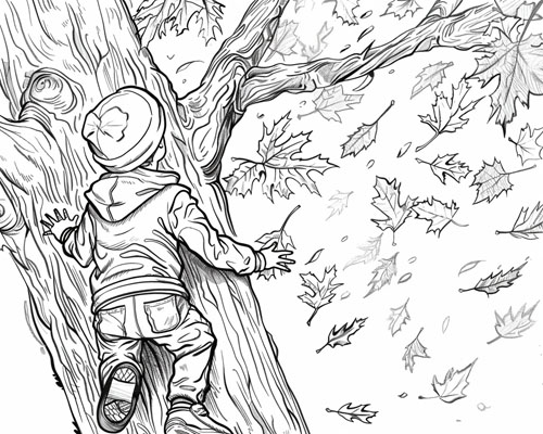 coloring page of a child climbing trees in the autumn