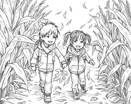 coloring page of children in the corn maze in the autumn