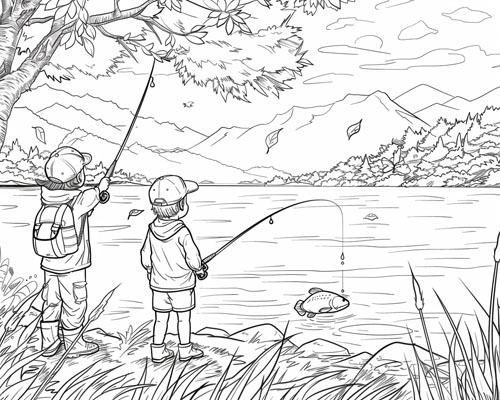 coloring page of children fishing in the autumn