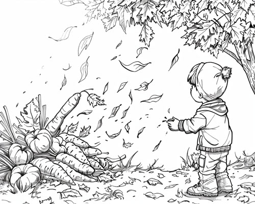 coloring page of a child gardening in the autumn