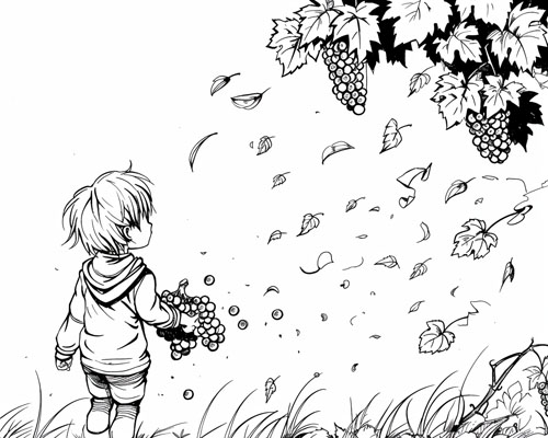 coloring page of a child harvesting grapes in the autumn