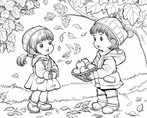 coloring page of a child harvesting apples in the autumn