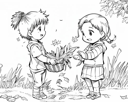 coloring page of a child harvesting corn in the autumn