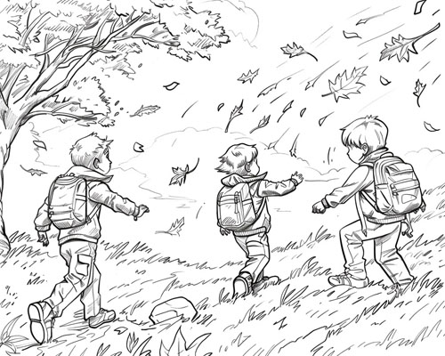 coloring page of children hiking in the autumn