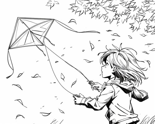 coloring page of a girl flying a kite in the autumn