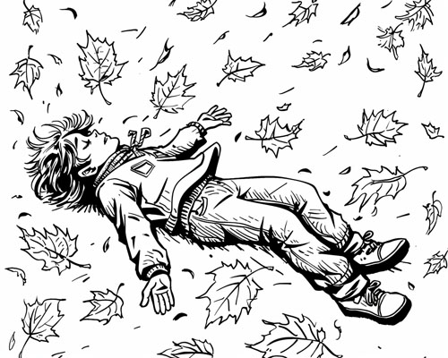 coloring page of a child laying in the leaves in the autumn