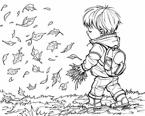 coloring page of a child collecting leaves in the autumn