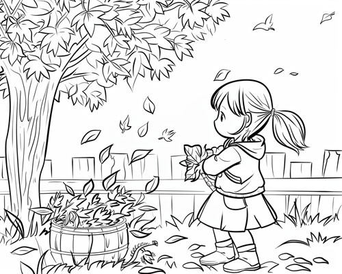 coloring page of a child cleaning up the garden in the autumn