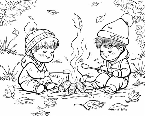 coloring page of child roasting marshmallows in the autumn