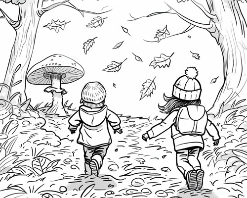 coloring page of children on a nature walk in the autumn