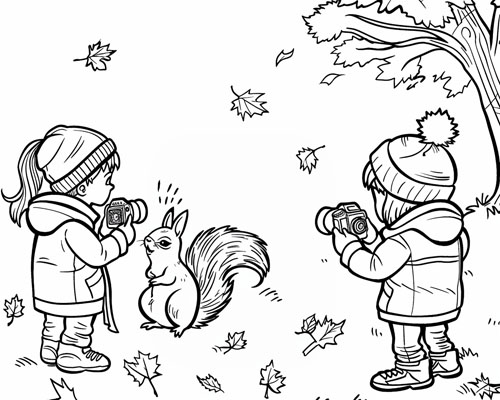 coloring page of children taking photos of a squirrel in the autumn