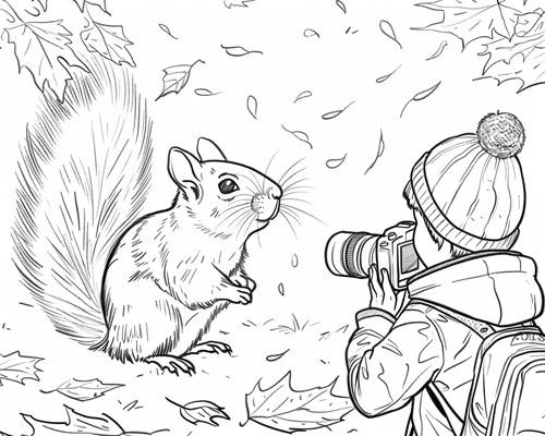 coloring page of a child taking photos in the autumn