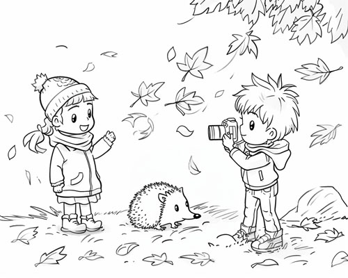 coloring page of a child taking photos of a hedgehog in the autumn