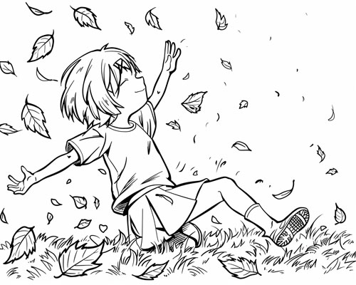 coloring page of a child playing in the leaves in the autumn