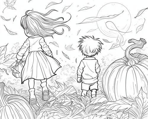 coloring page of children in the pumpkin patch in the autumn