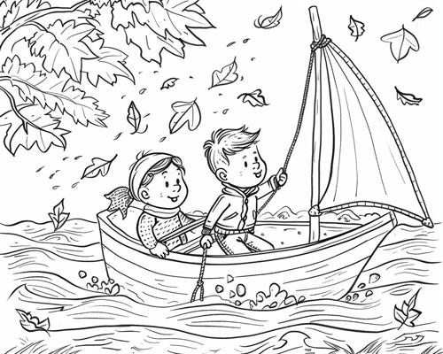 coloring page of children sailing in the autumn