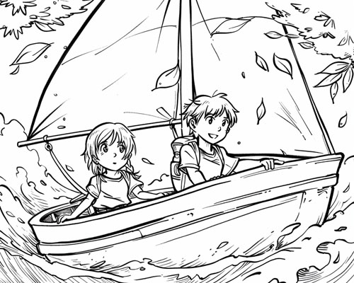 coloring page of children sailing in the autumn