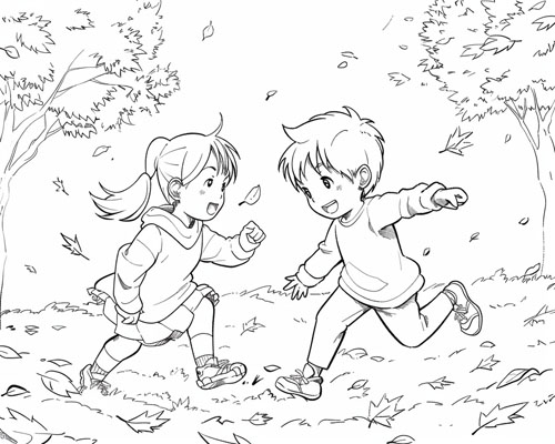 coloring page of children playing tag in the autumn