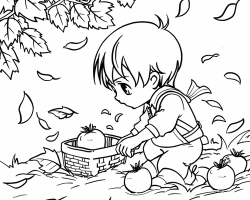 coloring page of a child harvesting tomatoes in the autumn