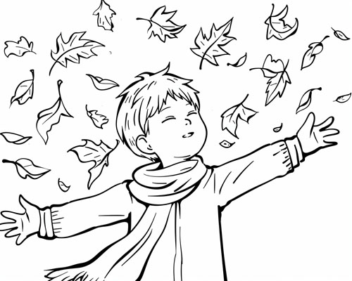 coloring page of a child tossing leaves in the autumn