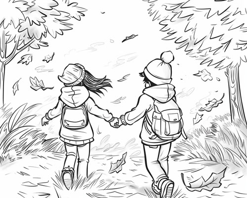 coloring page of children walking in the autumn