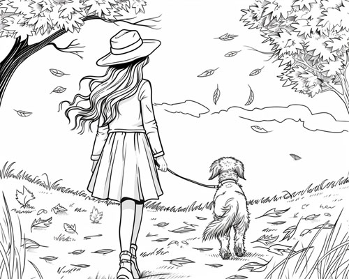 coloring page of children walking their dog in the autumn