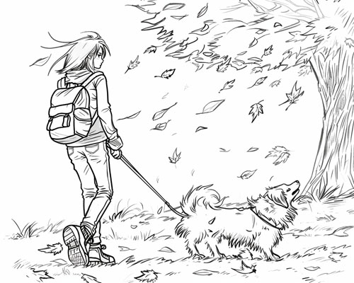 coloring page of children walking their dog in the autumn