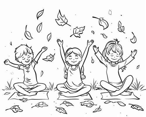 coloring page of children doing yoga in the autumn