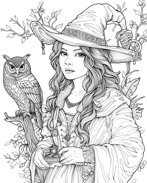 witch and her owl coloring page