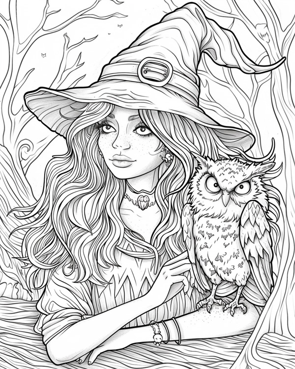 witch and her owl coloring page