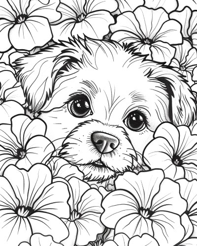 coloring page of a puppy surrounded by petunias