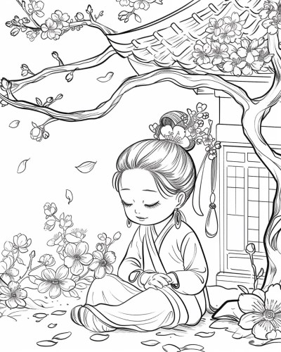 children and plum blossoms coloring page