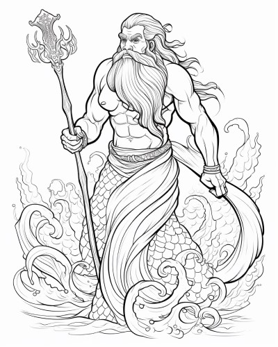 detailed coloring page of Poseidon, the Greek god of the ocean holding his trident