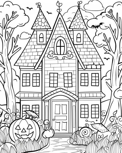 friendly haunted house coloring page for preschoolers