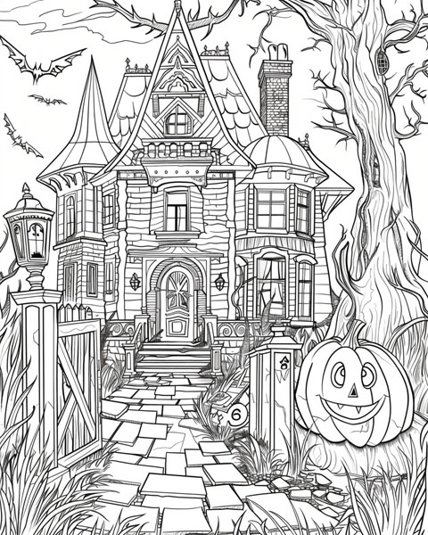 pumpkin and a haunted house coloring page