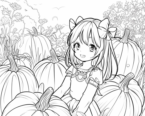 coloring page of a girl in the pumpkin patch