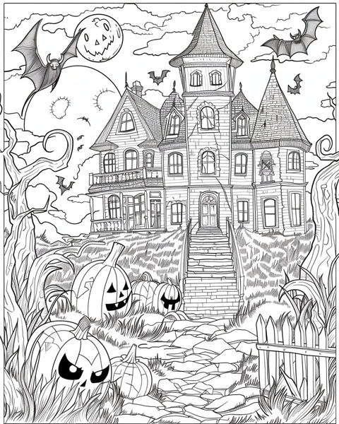 pumpkin and a haunted house coloring page